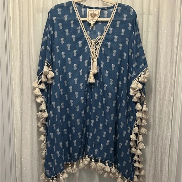 Z&L Coverup Women’s S/M Blue Pineapple Print Swim Bohemian Beach Resort Kaftan - Picture 14 of 14
